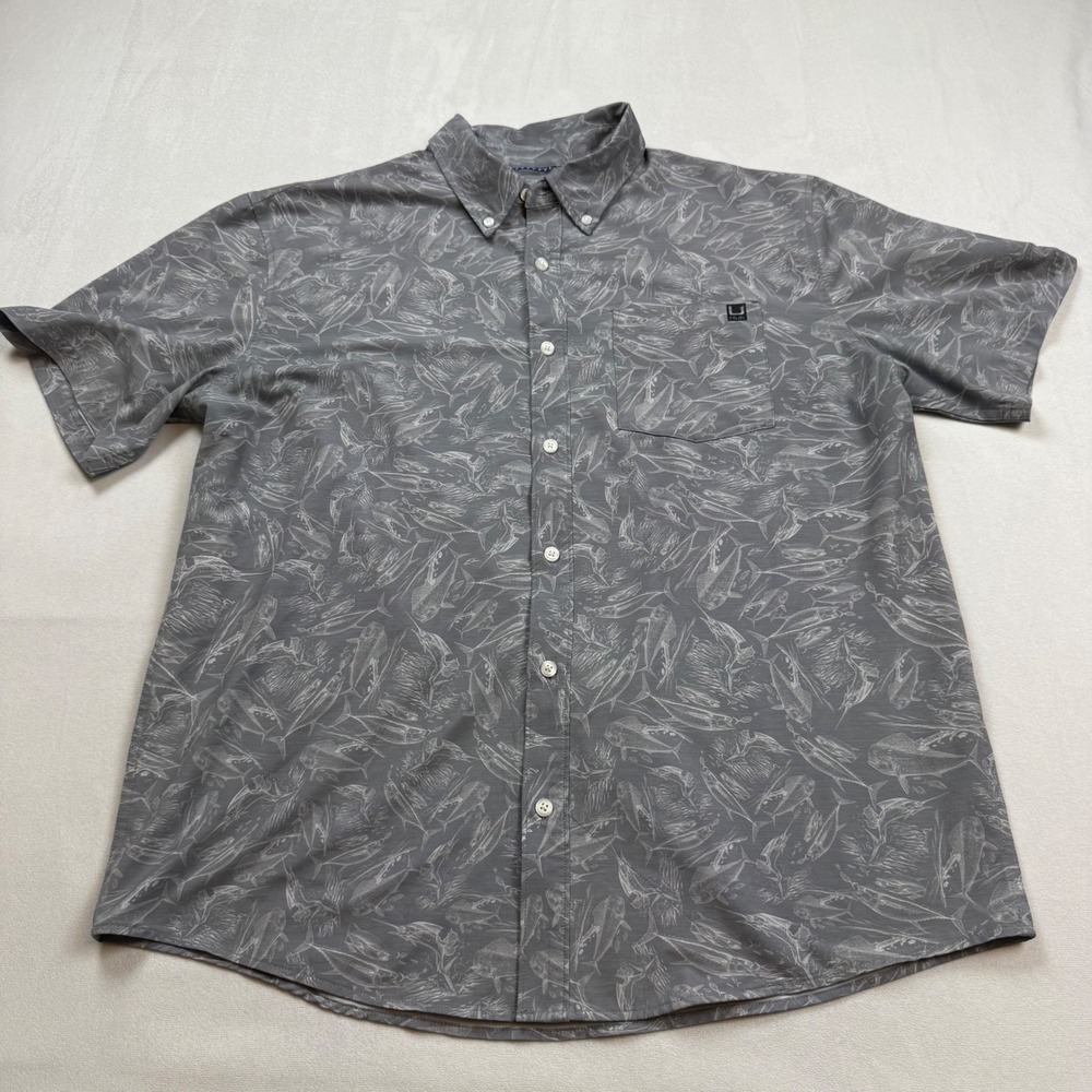 Huk Fishing Shirt Mens LG Gray Fish Print Short Sleeve Button Down Performance